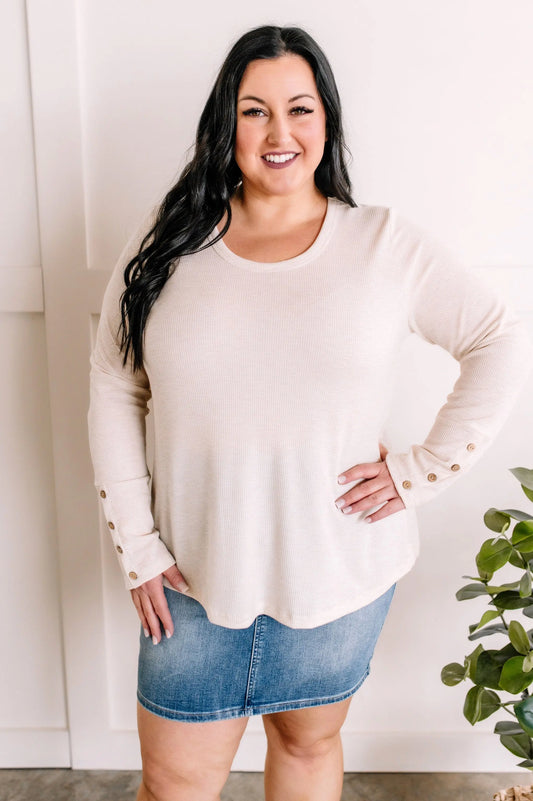 3.13 Waffle Knit Top With Button Sleeve Detail In Heathered Oatmeal American Boutique Drop Ship