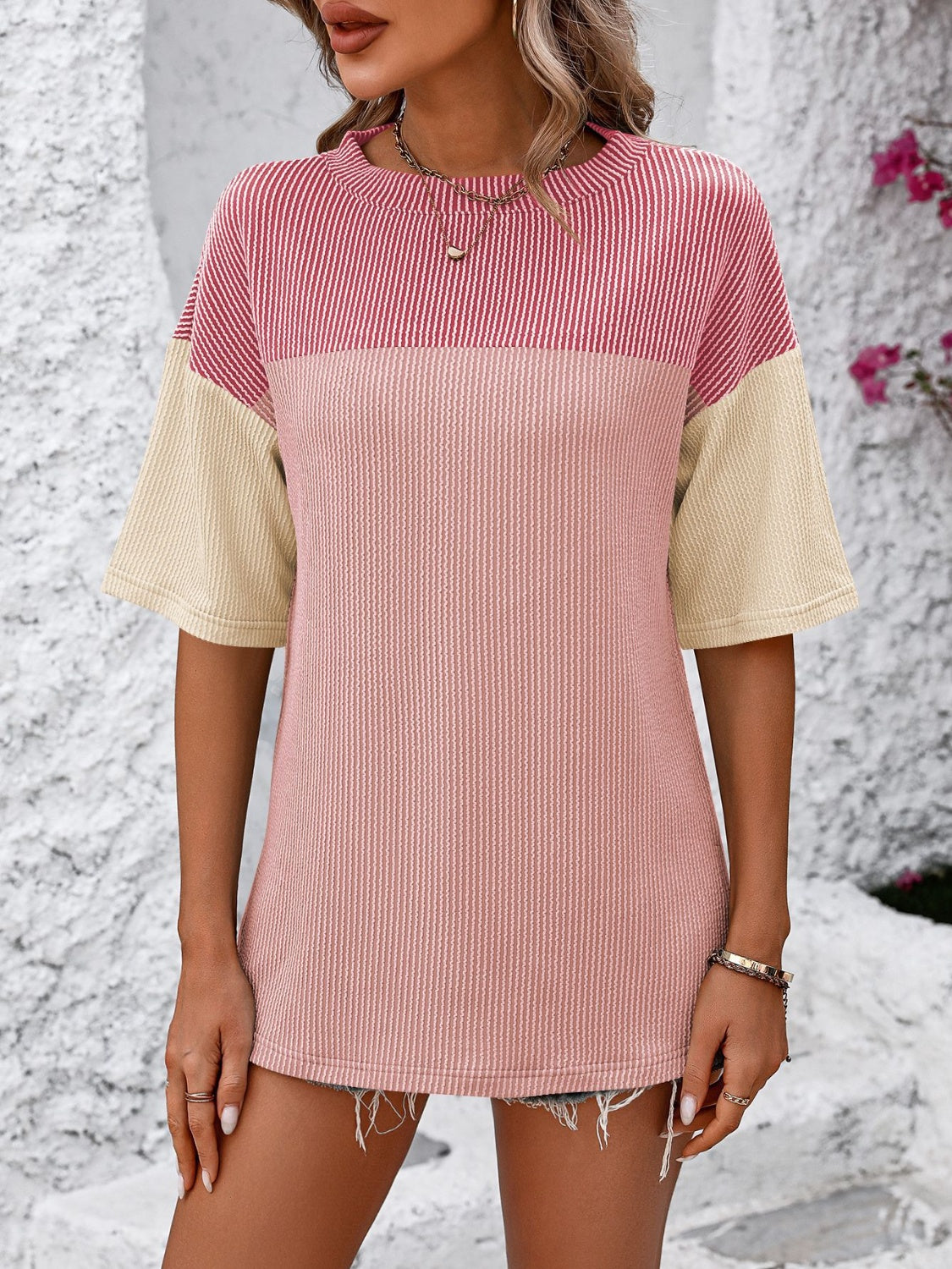 Color Block Round Neck Half Sleeve T-Shirt Trendsi