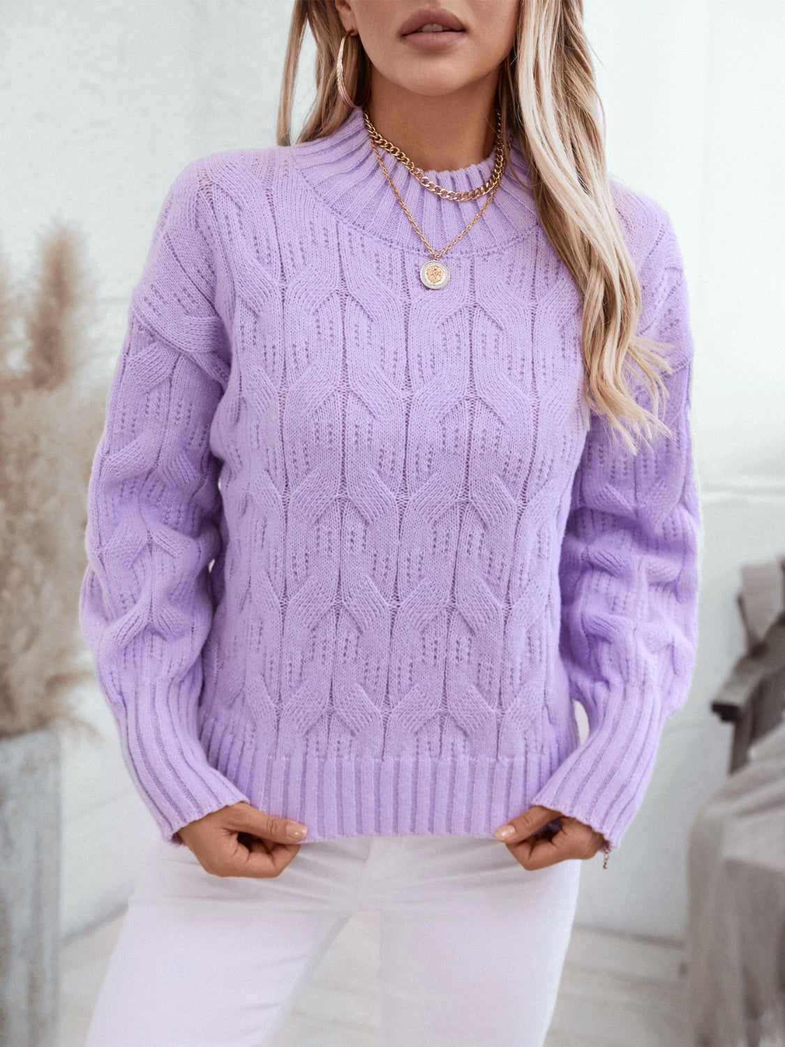 Cable Knit Mock Neck Long Sleeve Sweater Trendsi