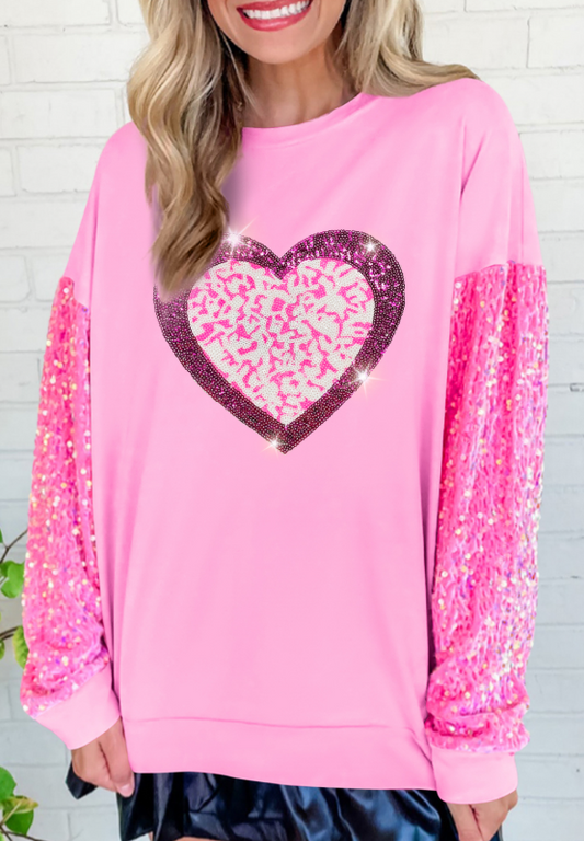 Valentine’s Day Sequin Heart Long Sleeve Sweatshirt Trendsi