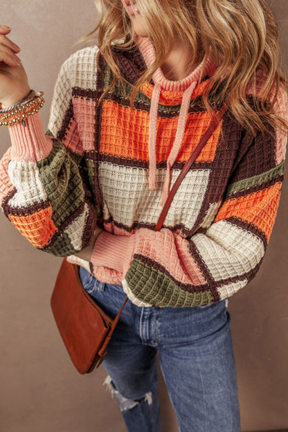 Drawstring Color Block Mock Neck Sweater Trendsi