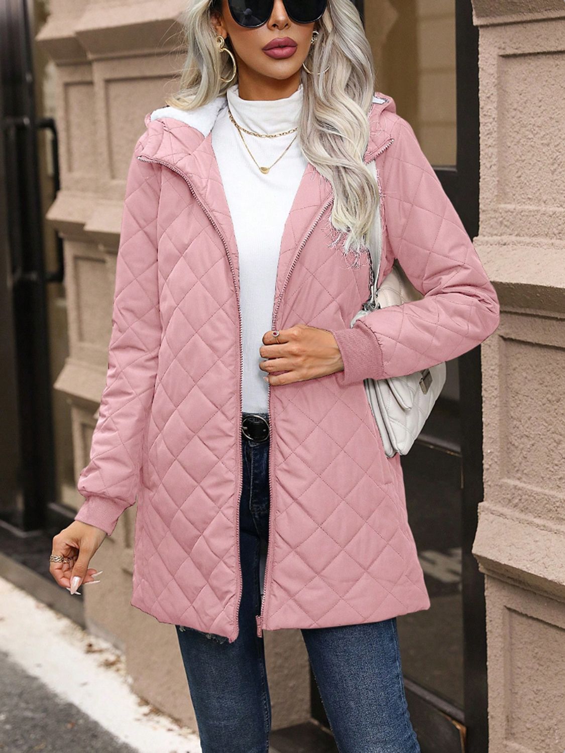 Quilted Zip Up Hooded Jacket with Pockets Trendsi