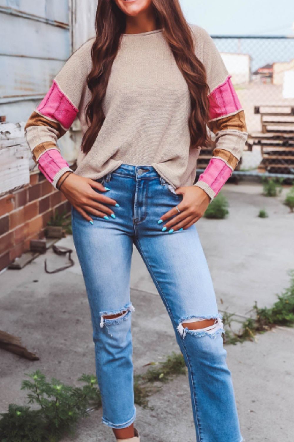 Color Block Round Neck Long Sleeve  Sweater Trendsi