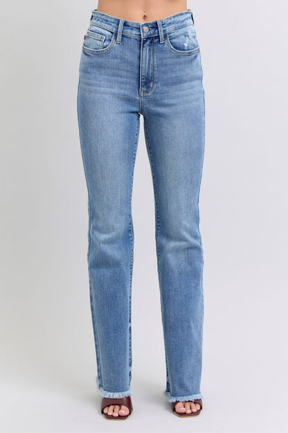 Judy Blue Full Size Raw Hem High Rise Bootcut Jeans Trendsi