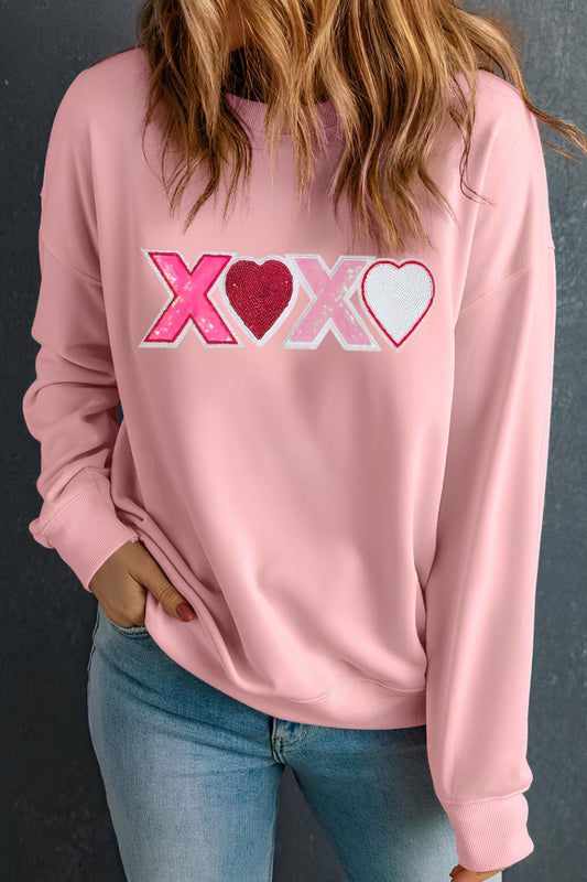 Valentine’s Day XOXO Round Neck Long Sleeve Sweatshirt Trendsi