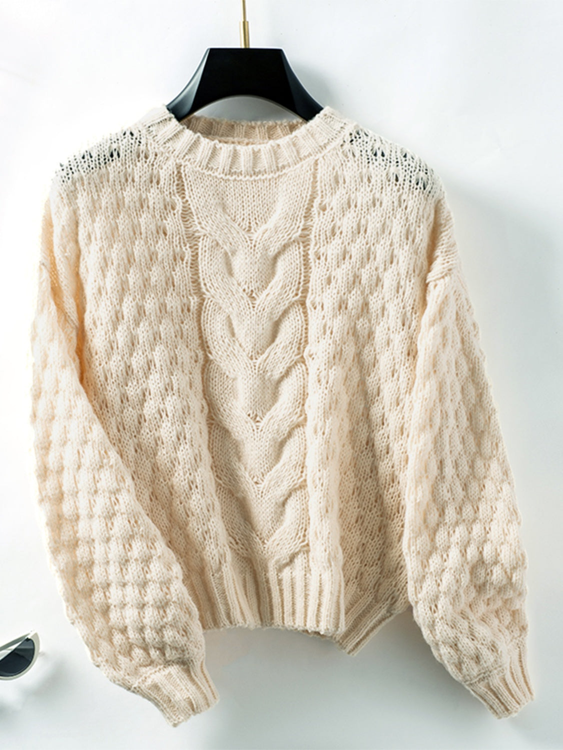 Cable-Knit Round Neck Long Sleeve Sweater Trendsi