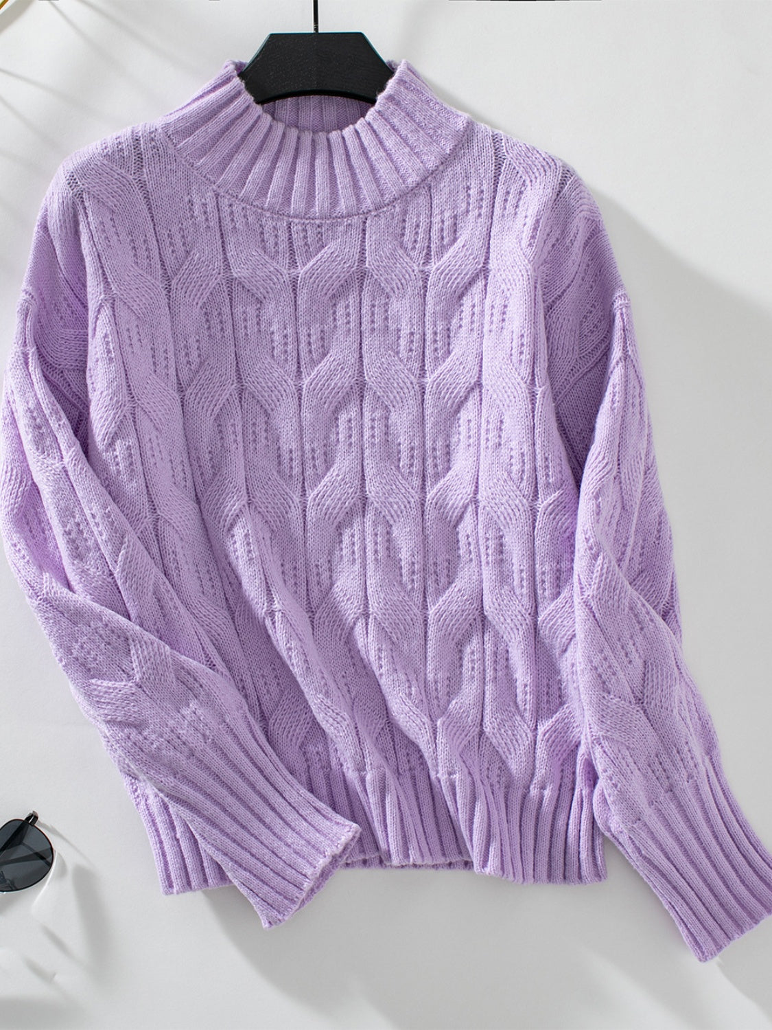 Cable Knit Mock Neck Long Sleeve Sweater Trendsi