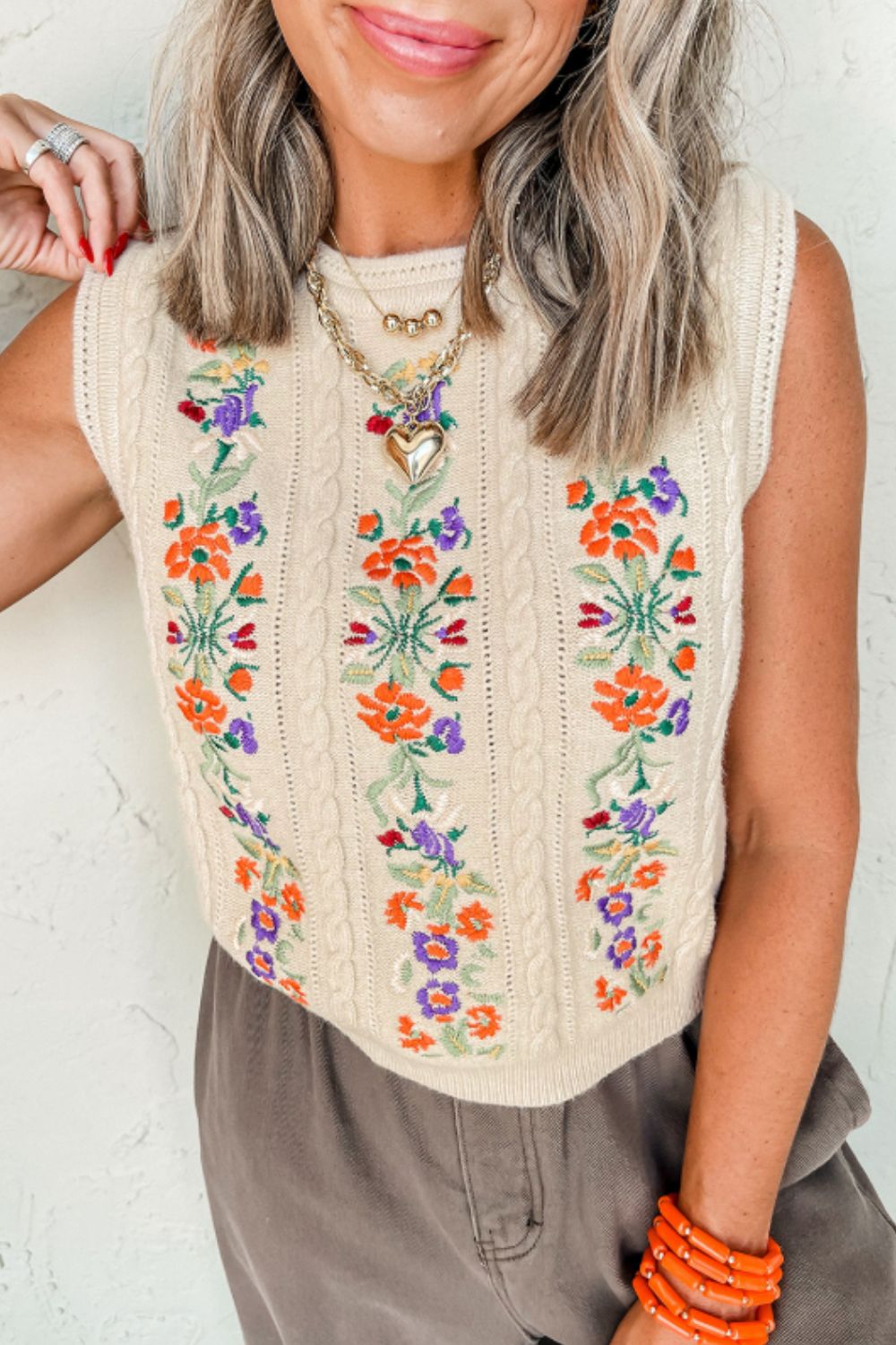 Embroidered Cable-Knit Round Neck Sweater Vest Trendsi