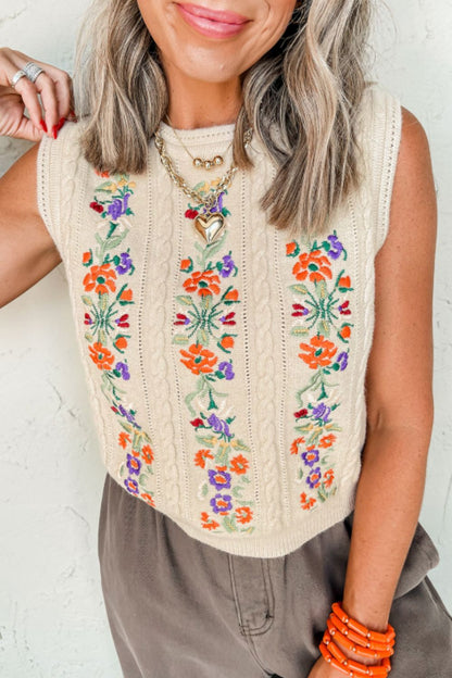 Embroidered Cable-Knit Round Neck Sweater Vest Trendsi