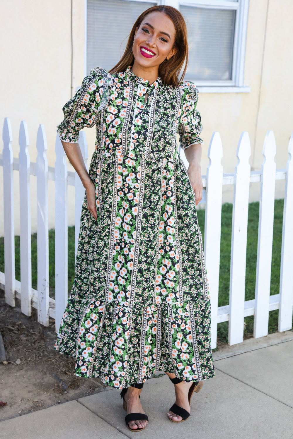 Hello Beautiful Black & Green Ruffled Notch Neck Babydoll Smocked Midi Dress