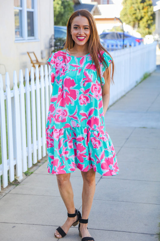 Diva Dreaming Aqua Floral Print Tiered Ruffle Sleeve Dress