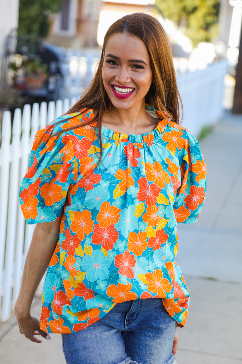 Vacay Ready Blue & Orange Floral Frill Mock Neck Top