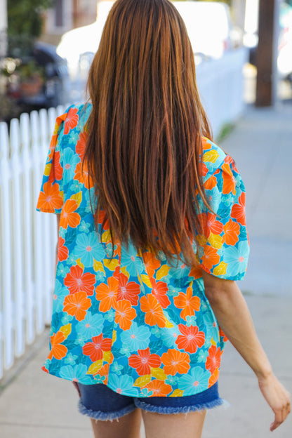 Vacay Ready Blue & Orange Floral Frill Mock Neck Top