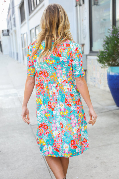 Sunny Days Mint Floral Print Notched Collar Frock Dress