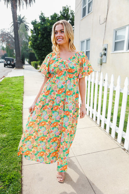 Hello Beautiful Sage Elastic V Neck Tiered Daisy Floral Maxi Dress