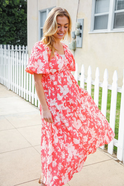 Hello Beautiful Coral Elastic V Neck Tiered Big Floral Maxi Dress