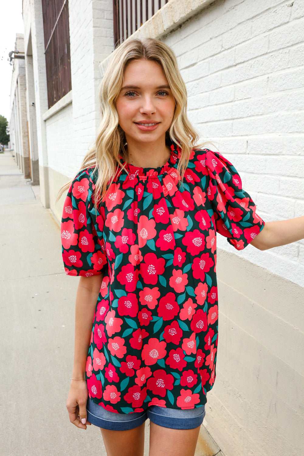 Flower Power Fuchsia Mock Frill Neck Puff Sleeve Blouse Haptics