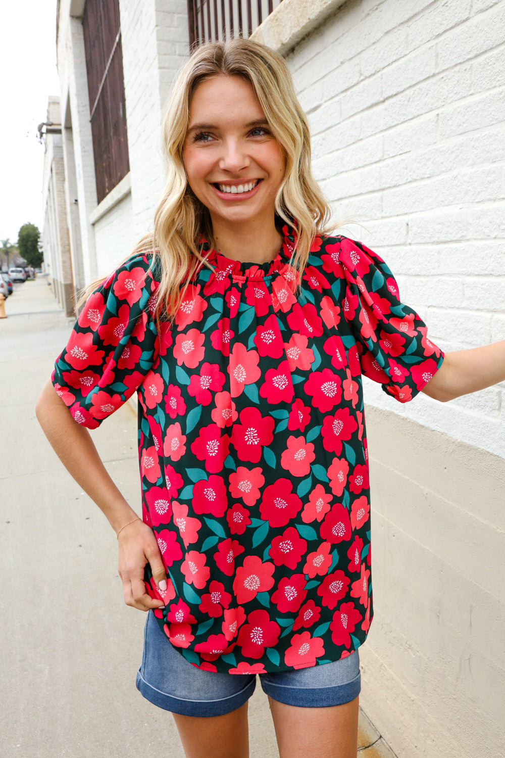 Flower Power Fuchsia Mock Frill Neck Puff Sleeve Blouse Haptics