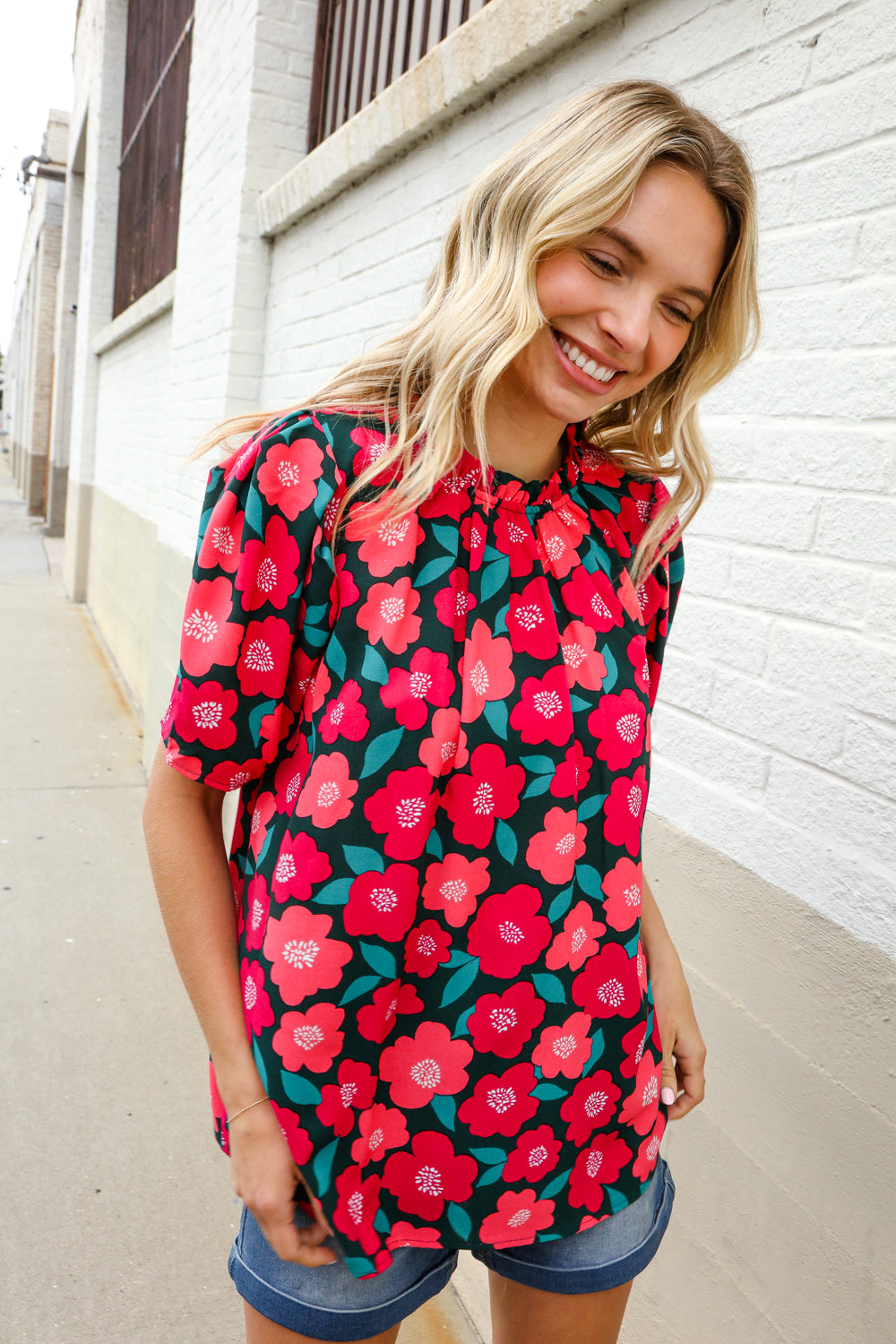 Flower Power Fuchsia Mock Frill Neck Puff Sleeve Blouse Haptics