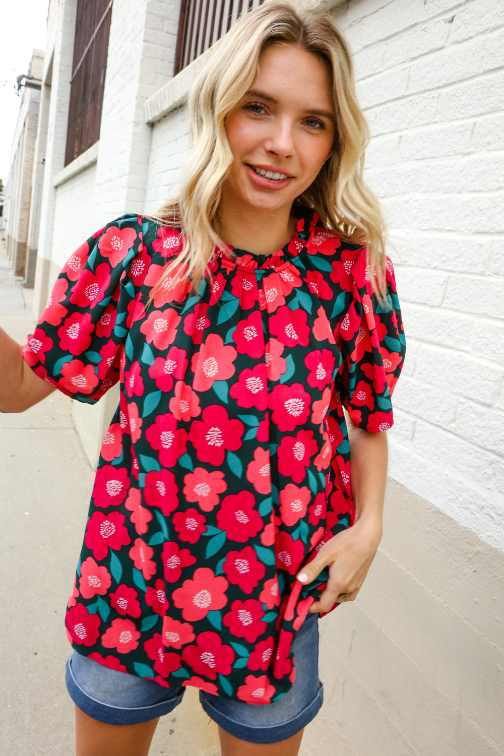 Flower Power Fuchsia Mock Frill Neck Puff Sleeve Blouse Haptics