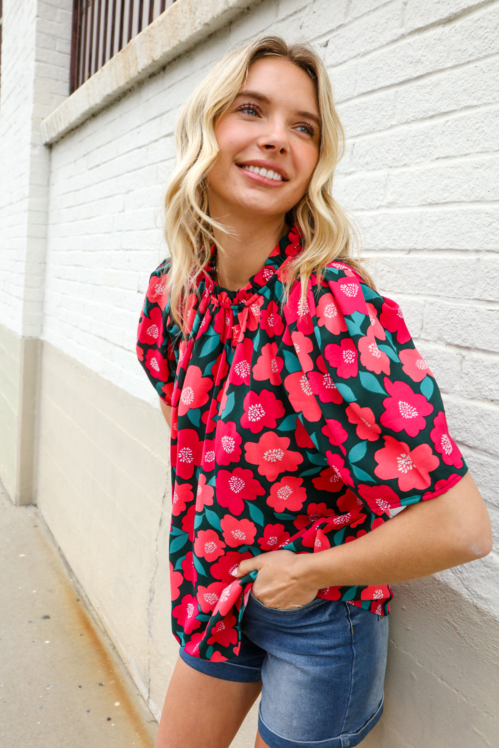 Flower Power Fuchsia Mock Frill Neck Puff Sleeve Blouse Haptics