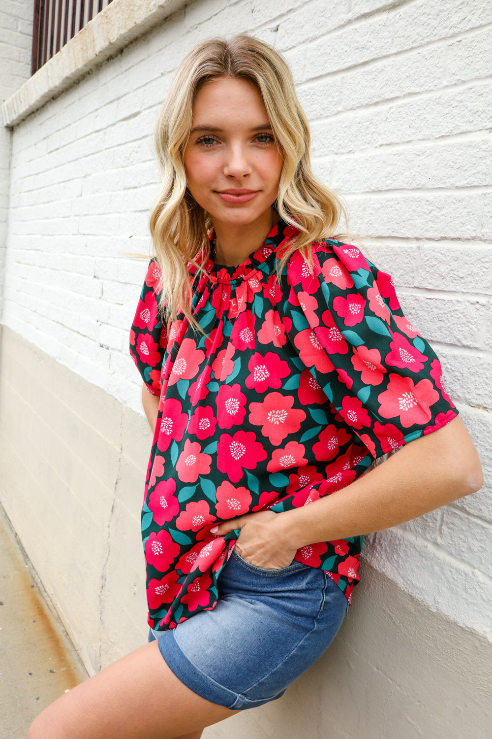 Flower Power Fuchsia Mock Frill Neck Puff Sleeve Blouse Haptics