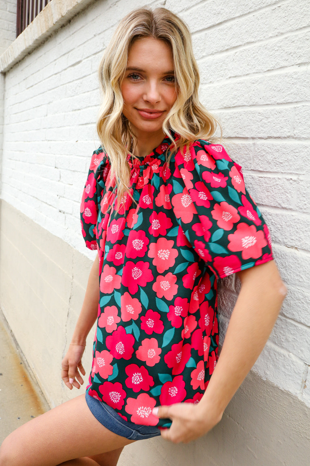 Flower Power Fuchsia Mock Frill Neck Puff Sleeve Blouse Haptics