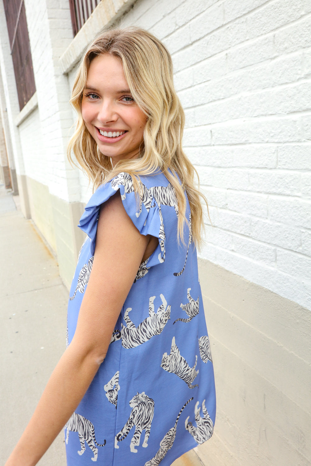 Live Freely Blue Tiger Print Short Frill Sleeve Knit Top First Love