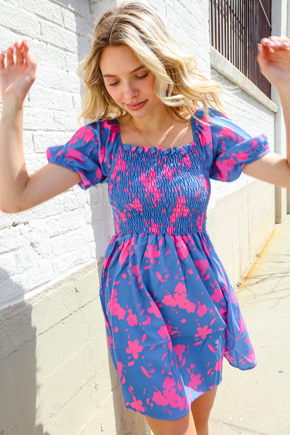 Dazzle in Bright Blue Floral Smocked Yoke Short Sleeve Dress First Love