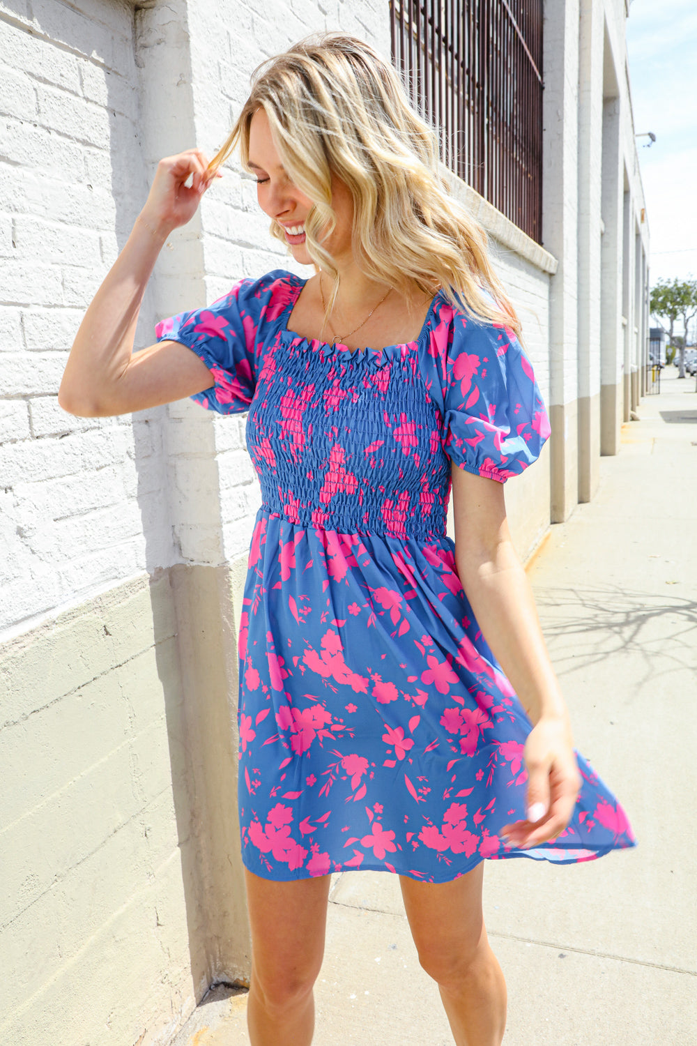 Dazzle in Bright Blue Floral Smocked Yoke Short Sleeve Dress First Love