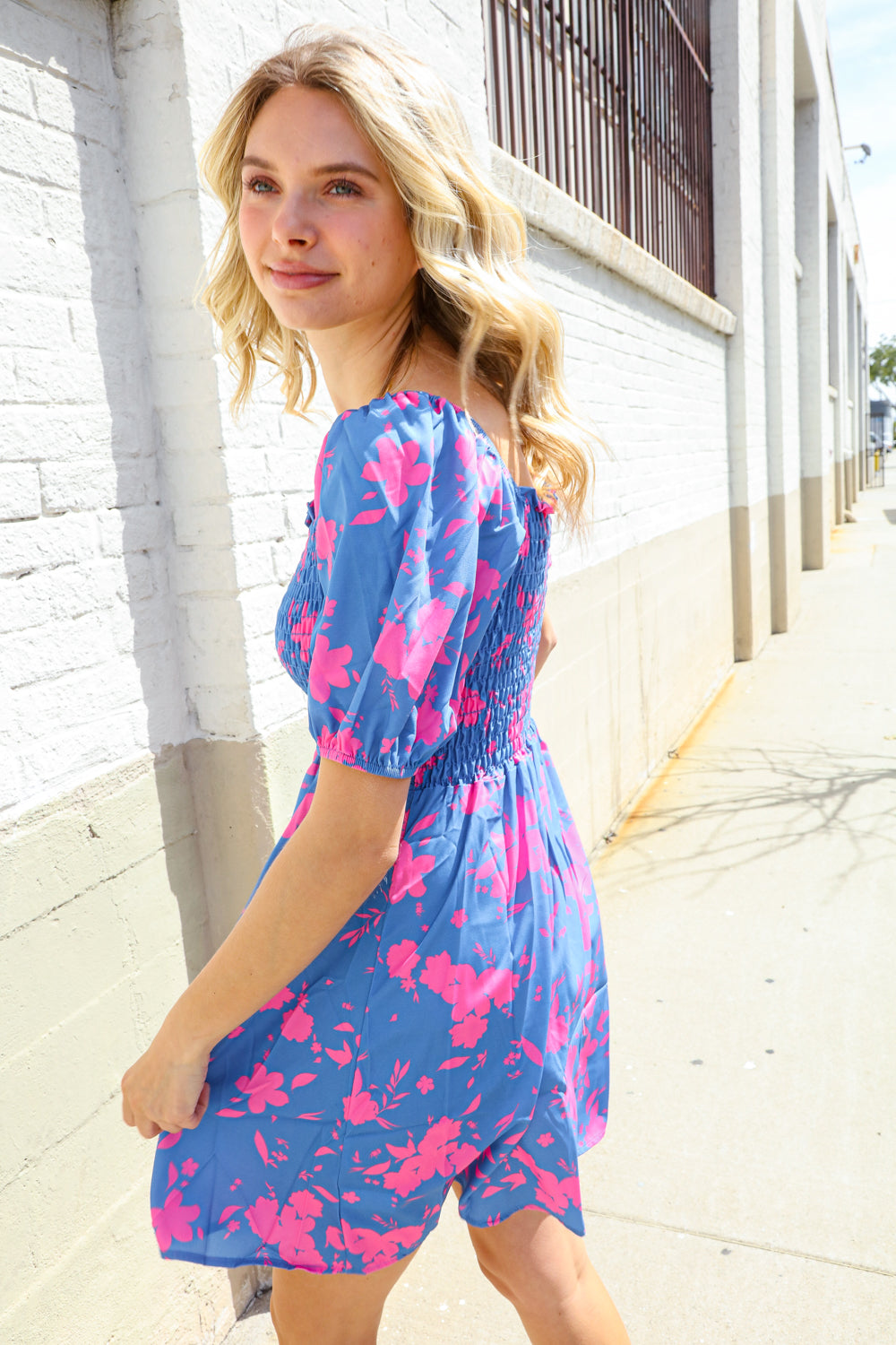 Dazzle in Bright Blue Floral Smocked Yoke Short Sleeve Dress First Love