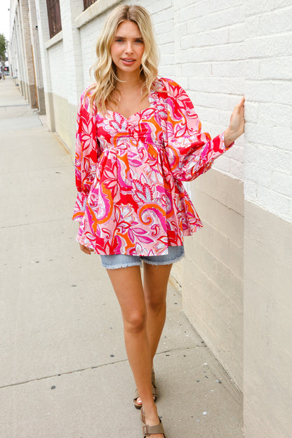 All For You Red Silky Floral Print Sweetheart Neck Long Sleeve Blouse First Love