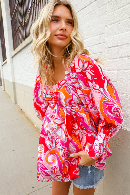 All For You Red Silky Floral Print Sweetheart Neck Long Sleeve Blouse First Love