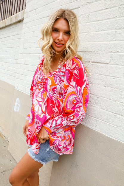 All For You Red Silky Floral Print Sweetheart Neck Long Sleeve Blouse First Love