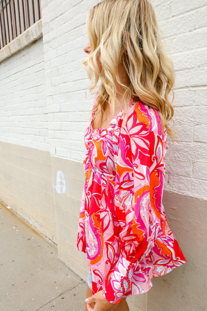 All For You Red Silky Floral Print Sweetheart Neck Long Sleeve Blouse First Love
