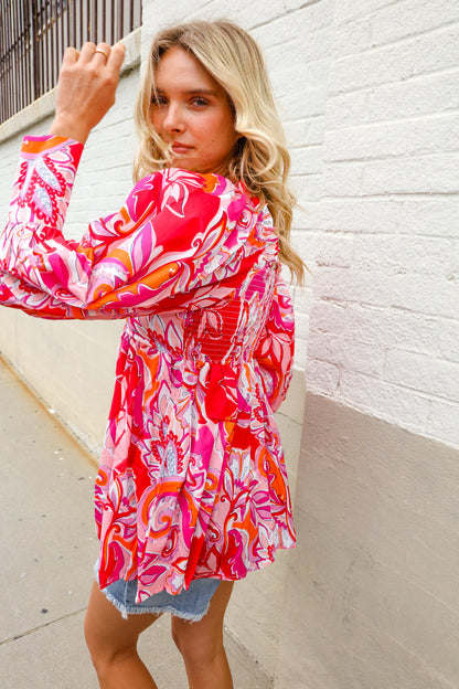 All For You Red Silky Floral Print Sweetheart Neck Long Sleeve Blouse First Love