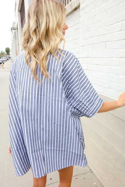 Put Together Blue & White Stripe Button-Down Dolman Sleeve Blouse First Love