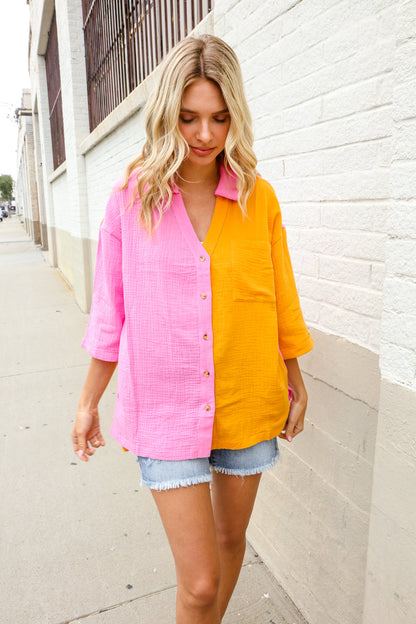 Boldy You Pink & Orange Cotton Color Block Button Down Shirt Top First Love