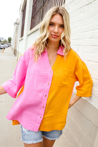 Boldy You Pink & Orange Cotton Color Block Button Down Shirt Top First Love