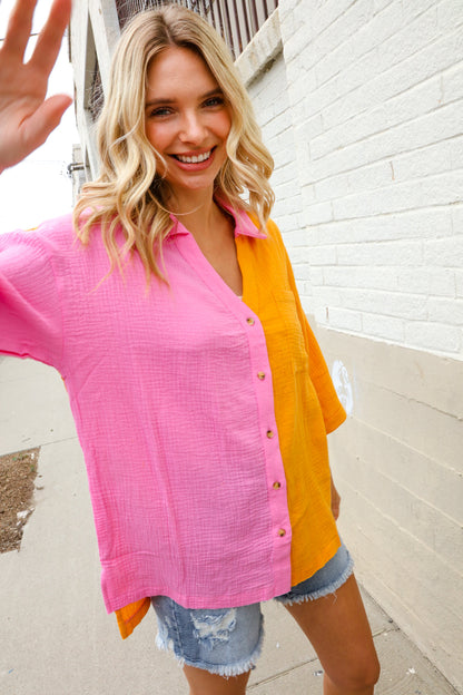 Boldy You Pink & Orange Cotton Color Block Button Down Shirt Top First Love