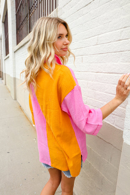 Boldy You Pink & Orange Cotton Color Block Button Down Shirt Top First Love