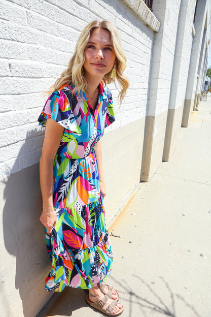 PLUS Feel Your Best Tropical Floral Collar V Neck Midi Dress Haptics