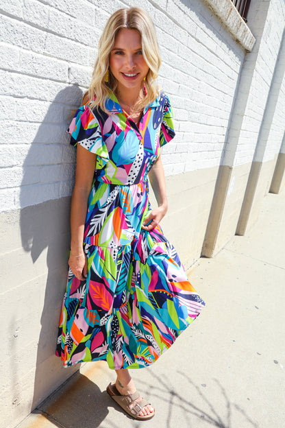 PLUS Feel Your Best Tropical Floral Collar V Neck Midi Dress Haptics