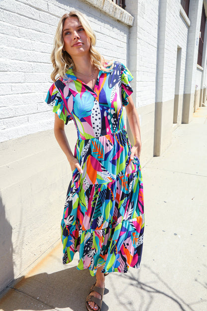 PLUS Feel Your Best Tropical Floral Collar V Neck Midi Dress Haptics
