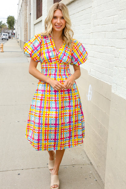 Charming in Multicolor Cotton Plaid Puff Sleeve Sweetheart Neck Dress First Love