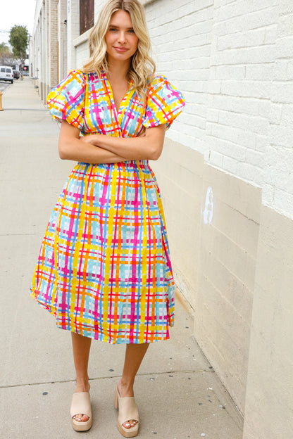 Charming in Multicolor Cotton Plaid Puff Sleeve Sweetheart Neck Dress First Love