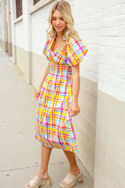 Charming in Multicolor Cotton Plaid Puff Sleeve Sweetheart Neck Dress First Love
