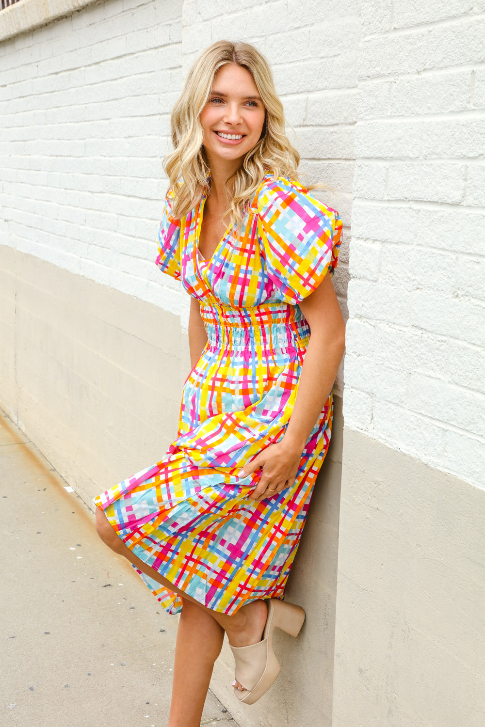 Charming in Multicolor Cotton Plaid Puff Sleeve Sweetheart Neck Dress First Love