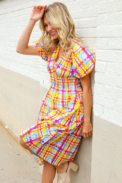Charming in Multicolor Cotton Plaid Puff Sleeve Sweetheart Neck Dress First Love