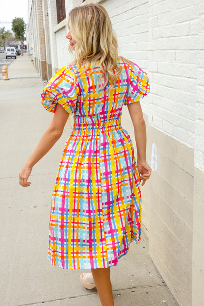 Charming in Multicolor Cotton Plaid Puff Sleeve Sweetheart Neck Dress First Love